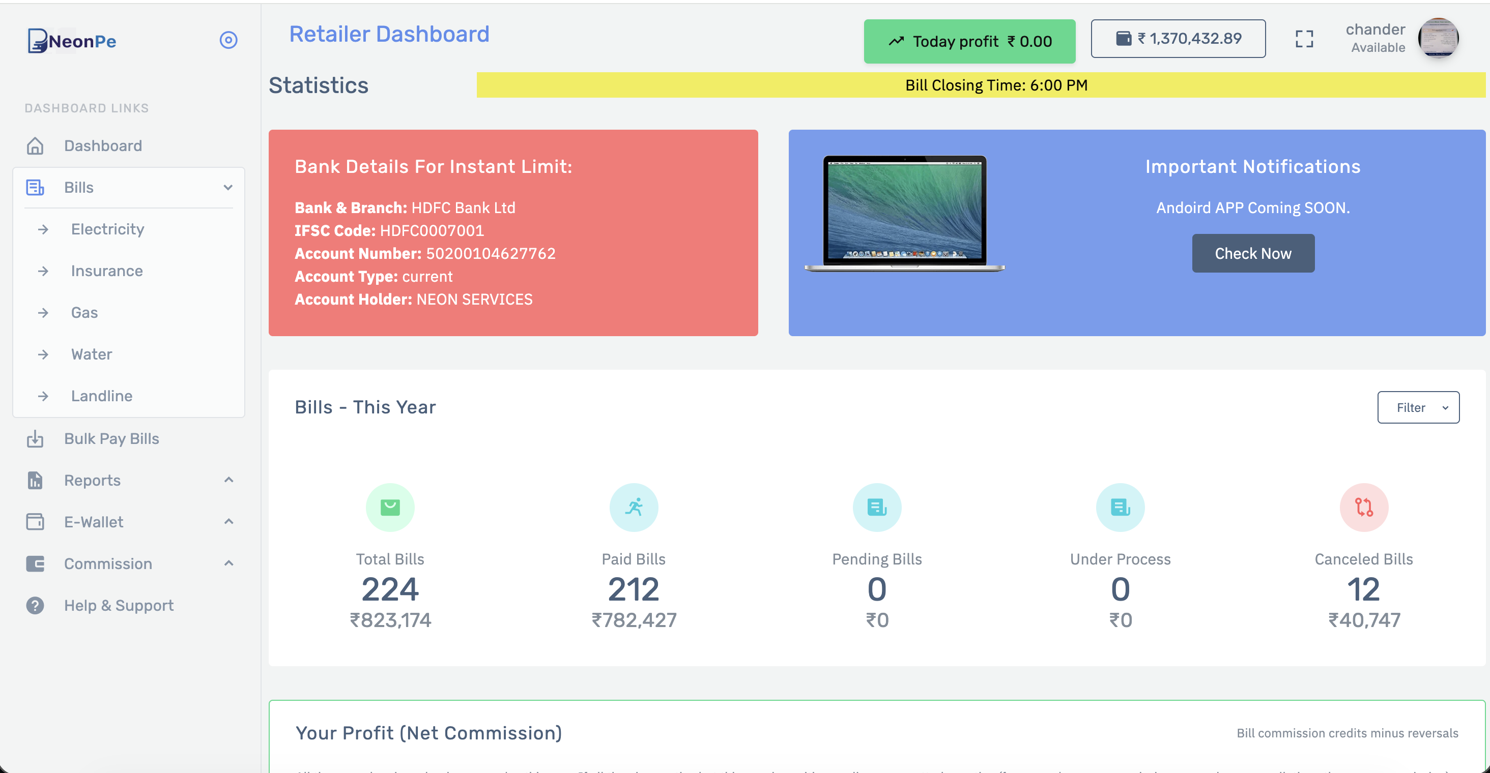 NeonPe retailer dashboard for BBPS utility bill payments