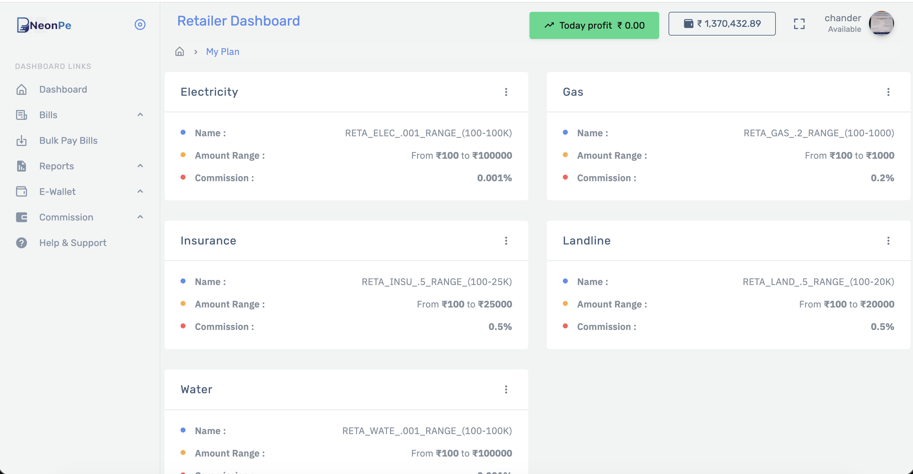 NeonPe retailer dashboard with bill fetch and utility payments