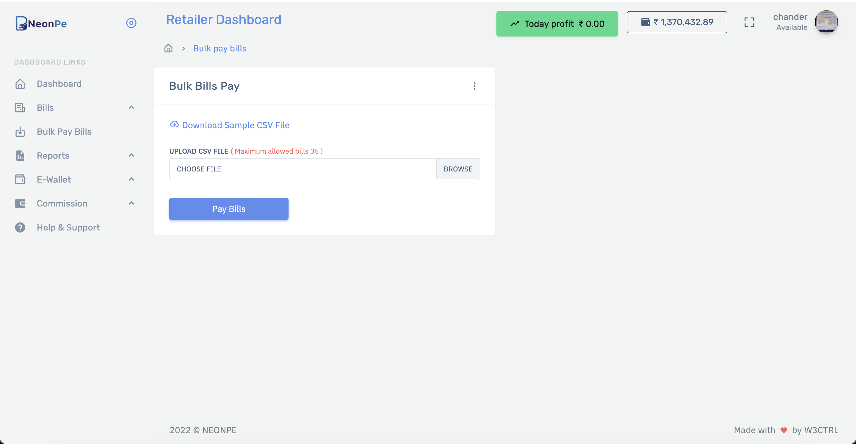 NeonPe mobile bill payment portal for walk-in customers